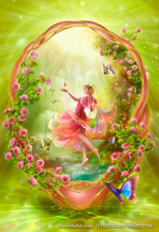 A fantasy woman in a flowing pink dress dances gracefully within a glowing, flower-covered oval frame surrounded by butterflies and radiant green light.