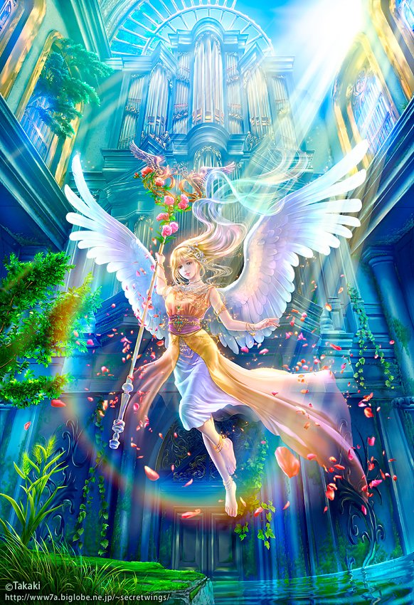 A radiant fantasy angel warrior with glowing wings and flowing hair descends gracefully inside a grand, light-filled cathedral surrounded by floating petals and vibrant greenery.