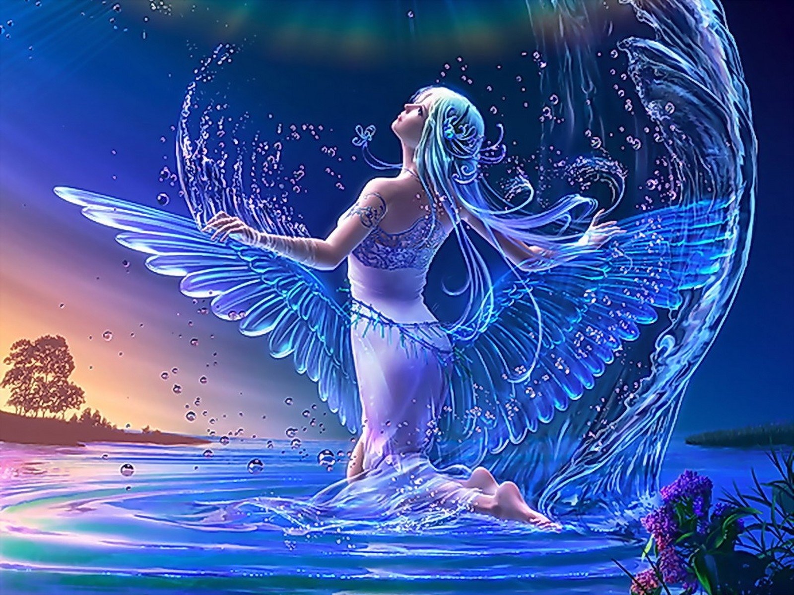 A fantasy angel with glowing blue wings rises gracefully from shimmering water under a vibrant, ethereal sky at dusk.