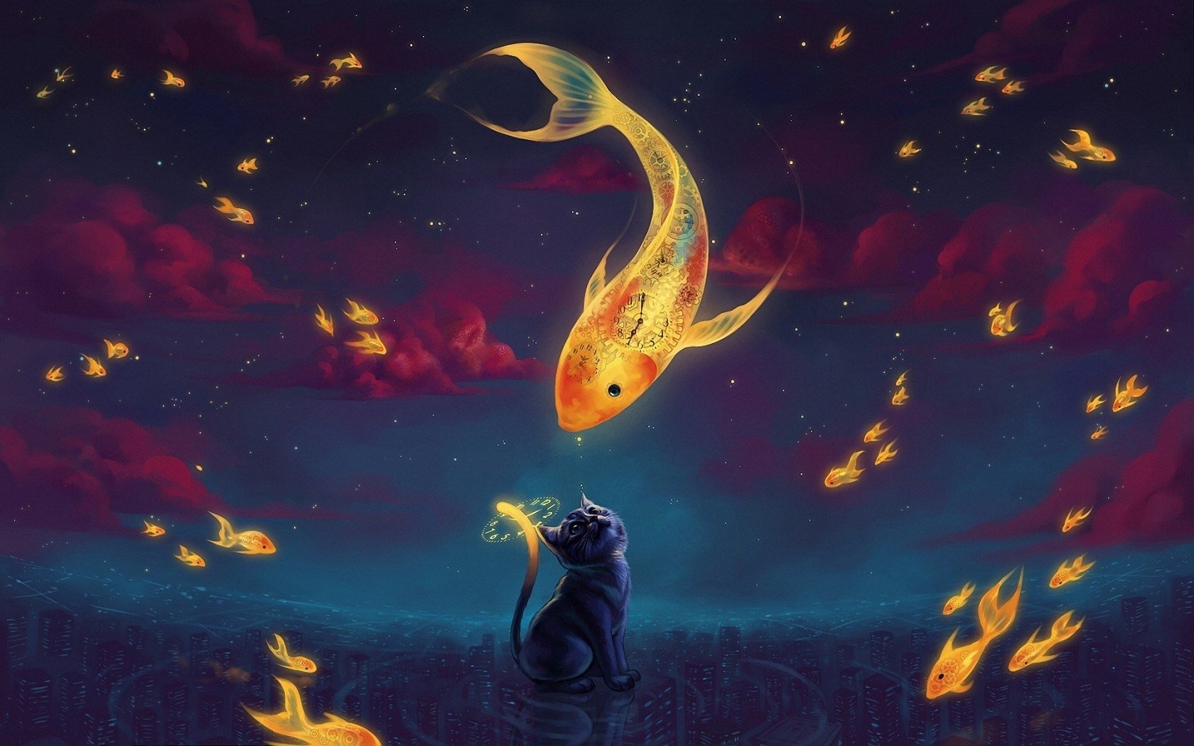 A mystical scene features a cat gazing up at a large, glowing fish among smaller fish swimming in a starry sky, blending elements of fantasy and the animal world.