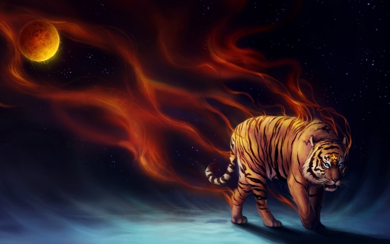 A majestic tiger strides confidently through a mystical landscape, with vibrant flames flowing from its body and a glowing celestial object in the sky above.