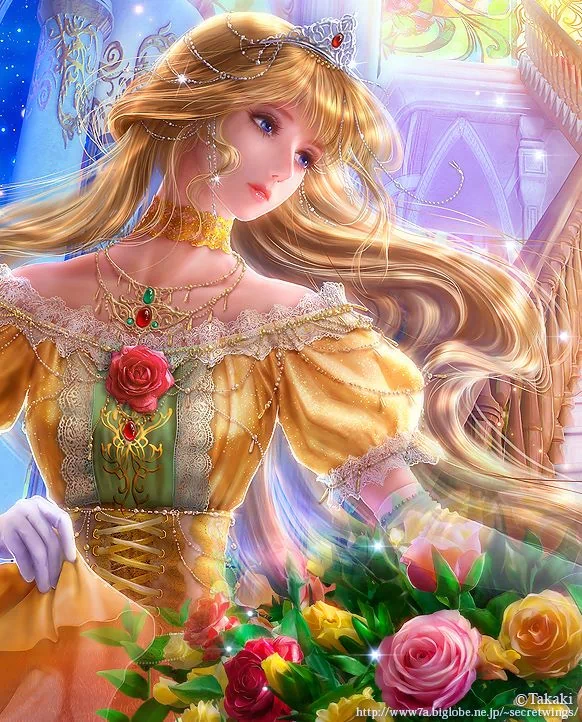 A fantasy woman with flowing golden hair and a jeweled tiara wears an ornate yellow dress, surrounded by vibrant roses and bathed in soft, magical light.