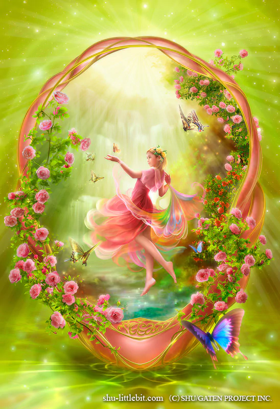 A fantasy woman in a flowing pink dress dances gracefully within a glowing, flower-covered oval frame surrounded by butterflies and radiant green light.