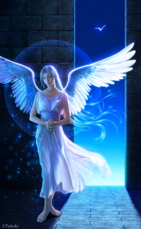 A fantasy angel in a glowing white gown, wings outstretched, stands barefoot in a stone doorway as blue light and sparkles swirl behind her.