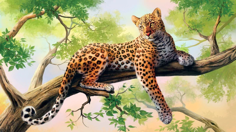 Leopard lounging on a sturdy tree branch in a sunlit green canopy, legs draped and tail hanging, watching its surroundings with an alert gaze.