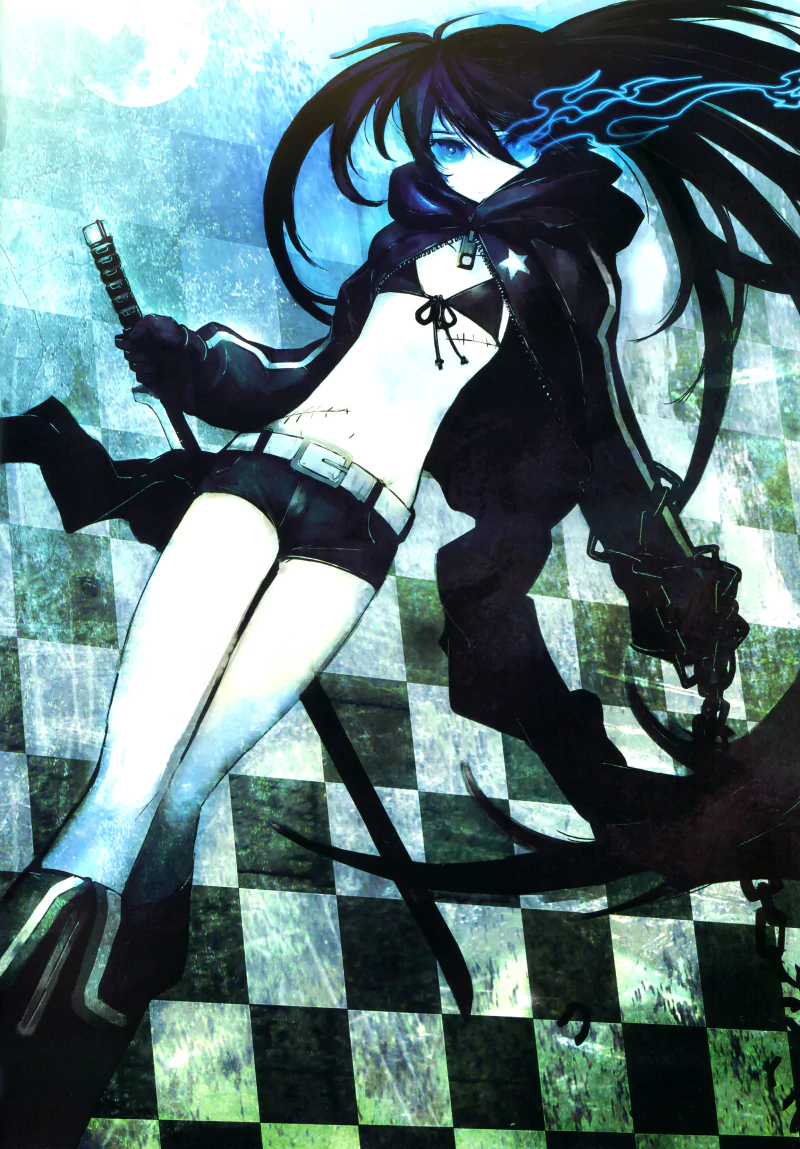 Anime-style illustration of Black Rock Shooter wielding a weapon, with flowing black hair and a dark outfit against a checkered, blue-toned background.