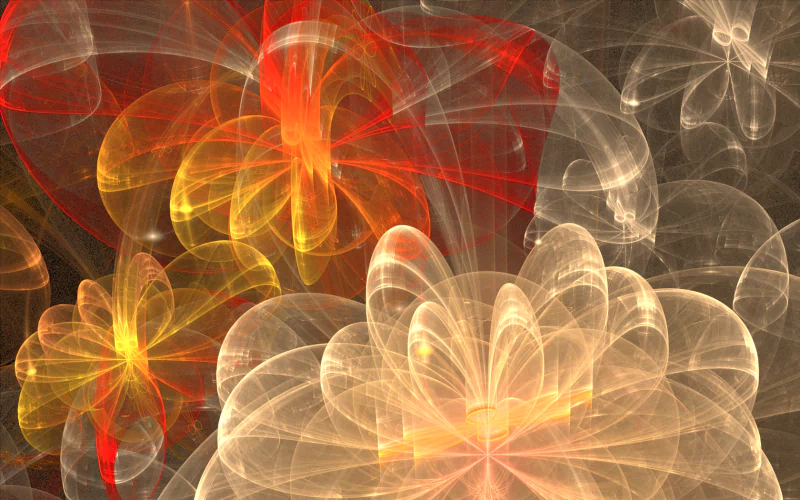 Abstract fractal artwork featuring layered, translucent flower-like shapes in warm tones of red, orange, and beige creating a complex, glowing pattern.