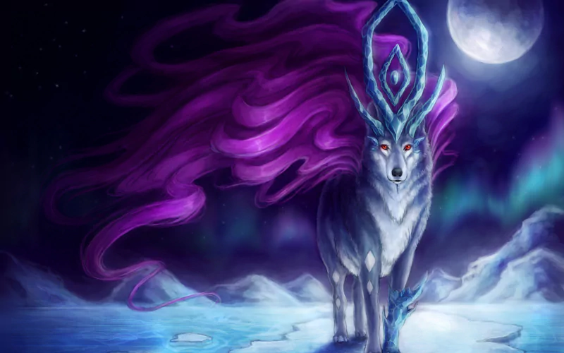 A majestic wolf stands on an icy landscape, adorned with glowing blue and purple features, under a glowing moon, showcasing a stunning anime-inspired Pokémon design.