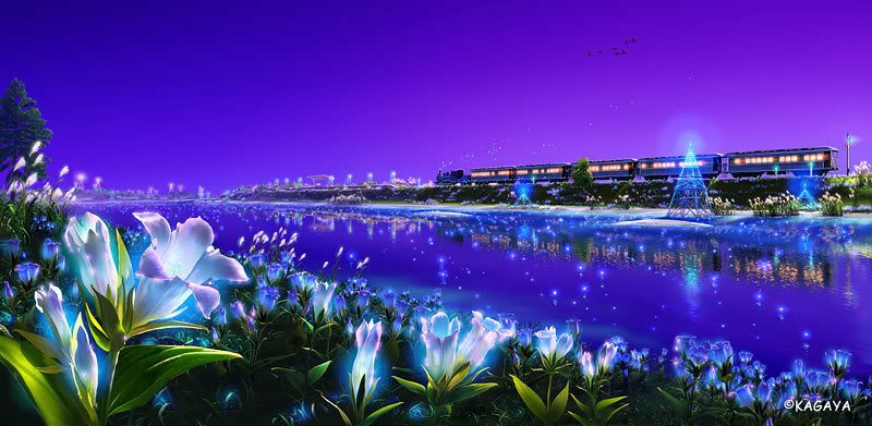 Eternal Sonata fantasy landscape — violet twilight over a glowing river, luminescent blue flowers in the foreground and an illuminated city along the shore.