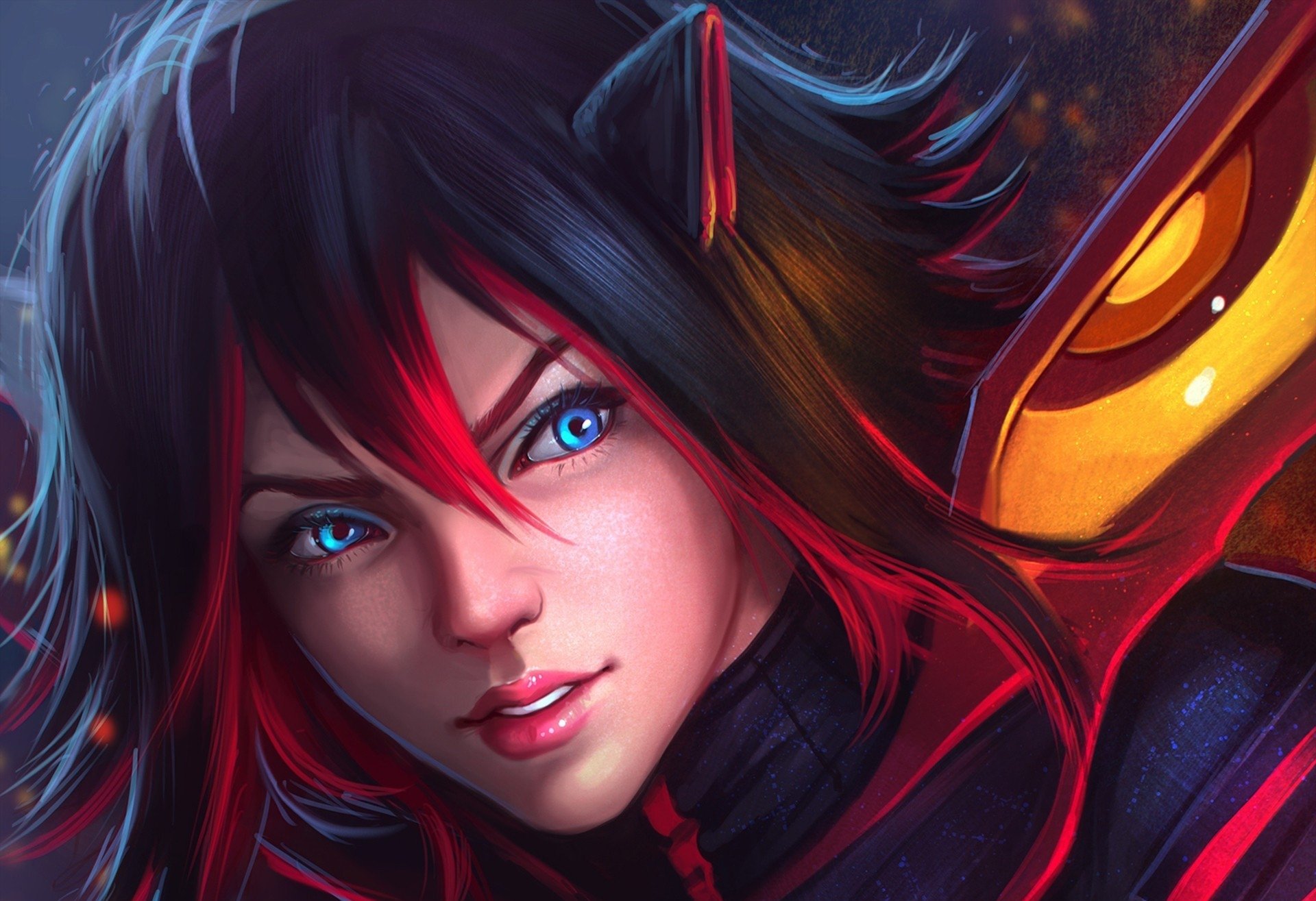 Close-up digital artwork of Ryūko Matoi from the anime Kill La Kill, highlighting her blue eyes, red streaked hair, and distinctive outfit details.