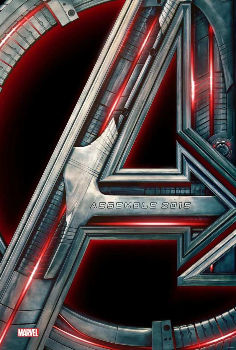 Metallic Avengers A emblem with red glowing accents and Assemble 2015 text — poster for the movie Avengers: Age of Ultron.