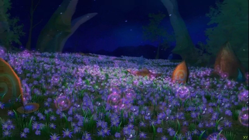 Fantasy landscape: moonlit meadow of glowing purple flowers and drifting luminous orbs beneath arching trees under a deep starry night sky.