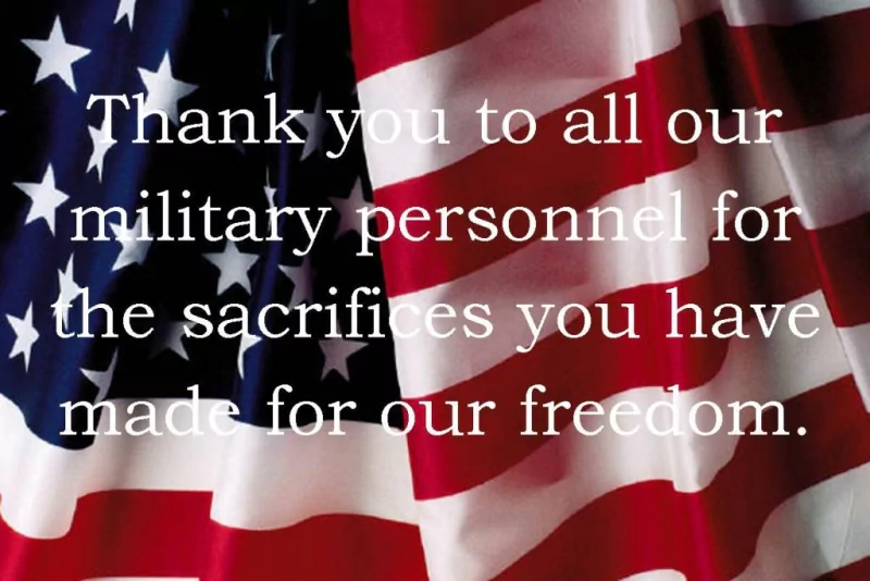 American flag with text thanking military personnel for their sacrifices; Veterans Day holiday tribute.