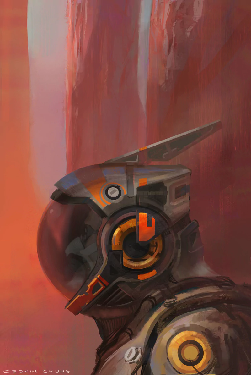 Digital art of a futuristic astronaut wearing a high-tech helmet with sci-fi design elements against a warm, abstract background.