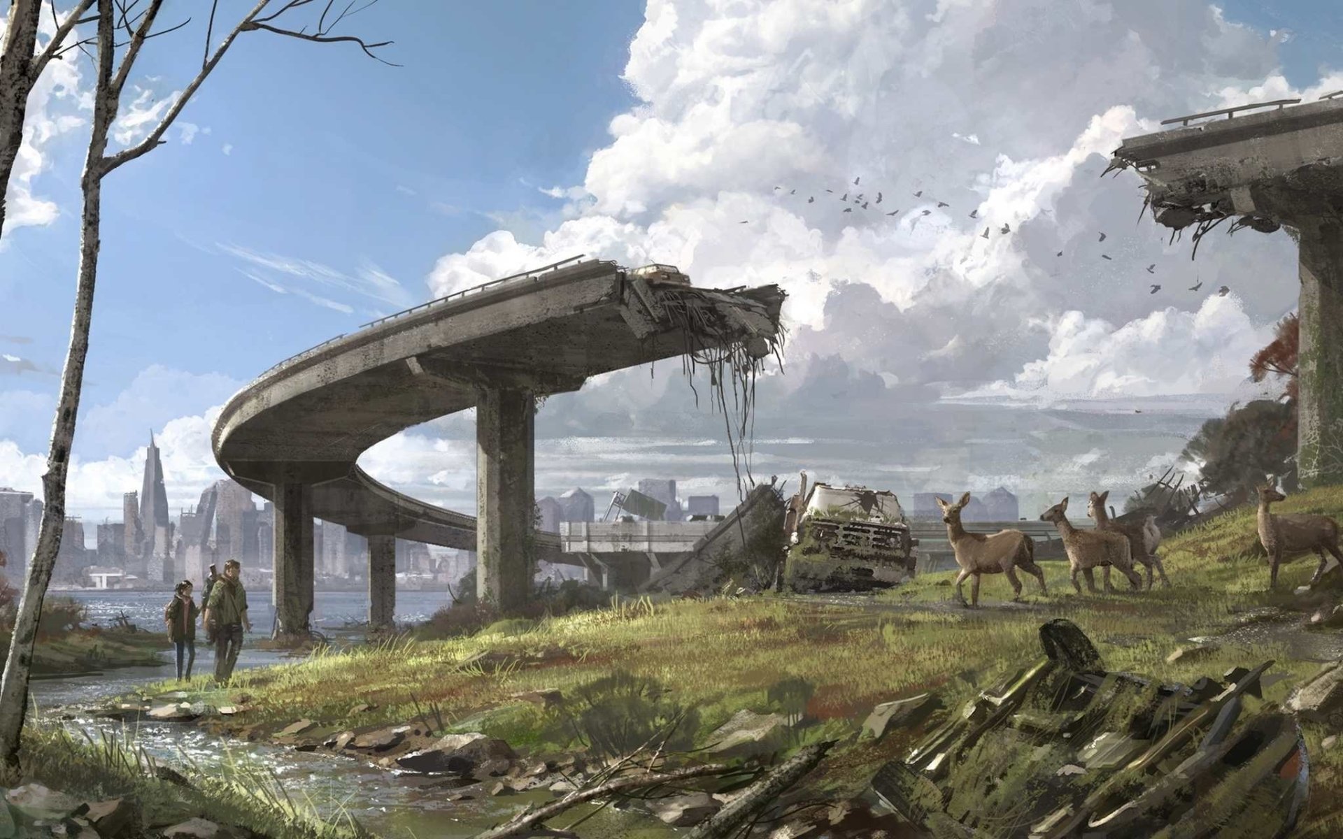Post-apocalyptic The Last Of Us scene: crumbling elevated highway reclaimed by grass and trees, abandoned cars, wild horses grazing, two survivors walking toward a ruined city skyline.