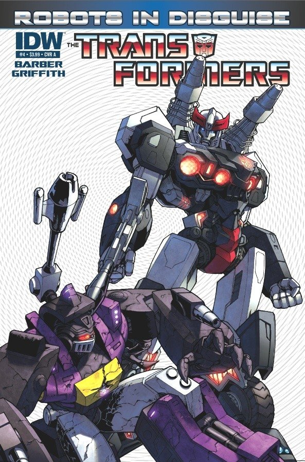 Comic: Transformers: Robots in Disguise cover — towering Autobot with shoulder launchers looms over a battered purple Decepticon, glowing optics and a dramatic action pose.