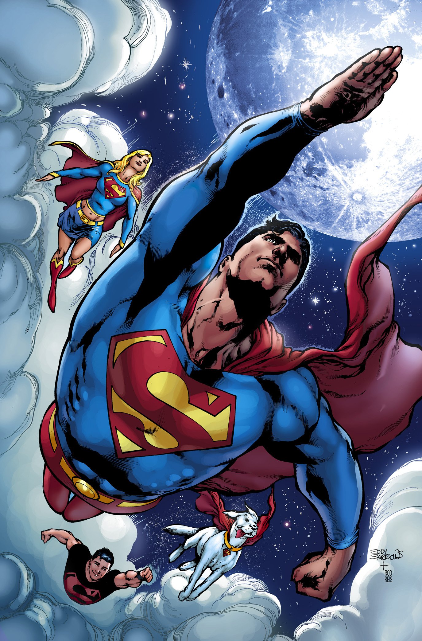 Superman leads a dynamic flight through the clouds with Supergirl, Conner Kent (Superboy), and Krypto, showcasing their heroic camaraderie against a moonlit sky.