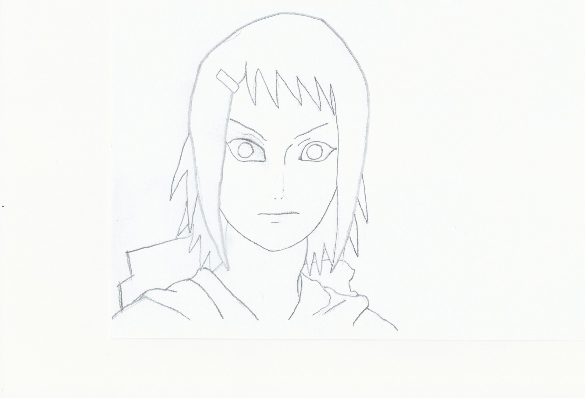 Pencil sketch portrait of Fû from Naruto: front-facing with short jagged hair, large anime eyes, calm expression and a cloak visible at the shoulders.