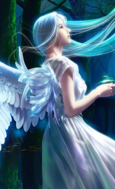 Fantasy angel with flowing blue hair and luminous wings in a moonlit forest, wearing a white gown and cradling a small glowing orb.