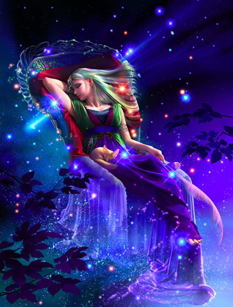 Fantasy woman in a flowing purple gown reclines among glowing stars and multicolored orbs, her hair drifting as ethereal mist cascades like a celestial waterfall.