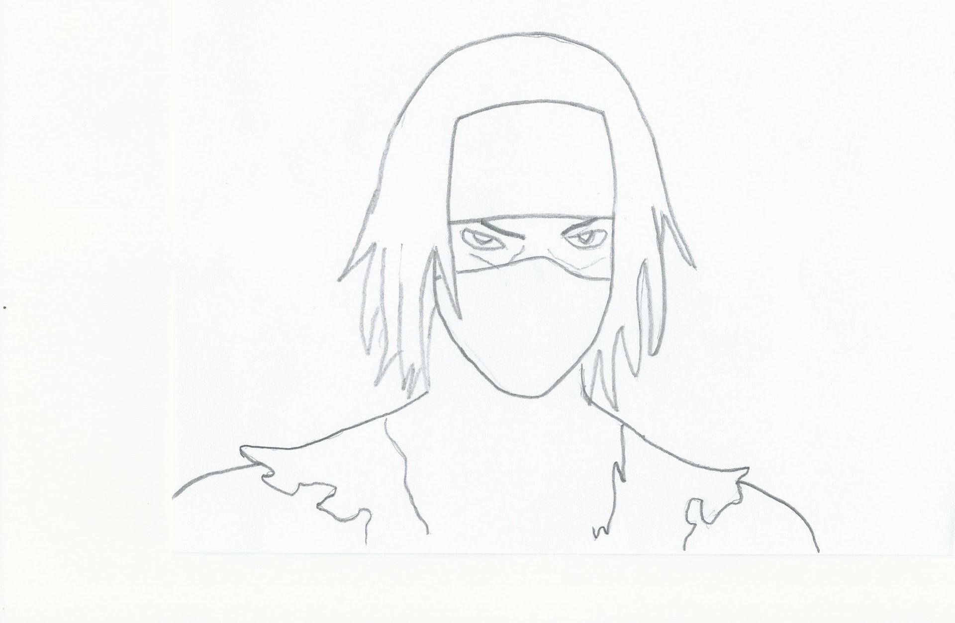 Line drawing of Kakuzu from the anime Naruto, featuring his masked face and shoulder-length hair.