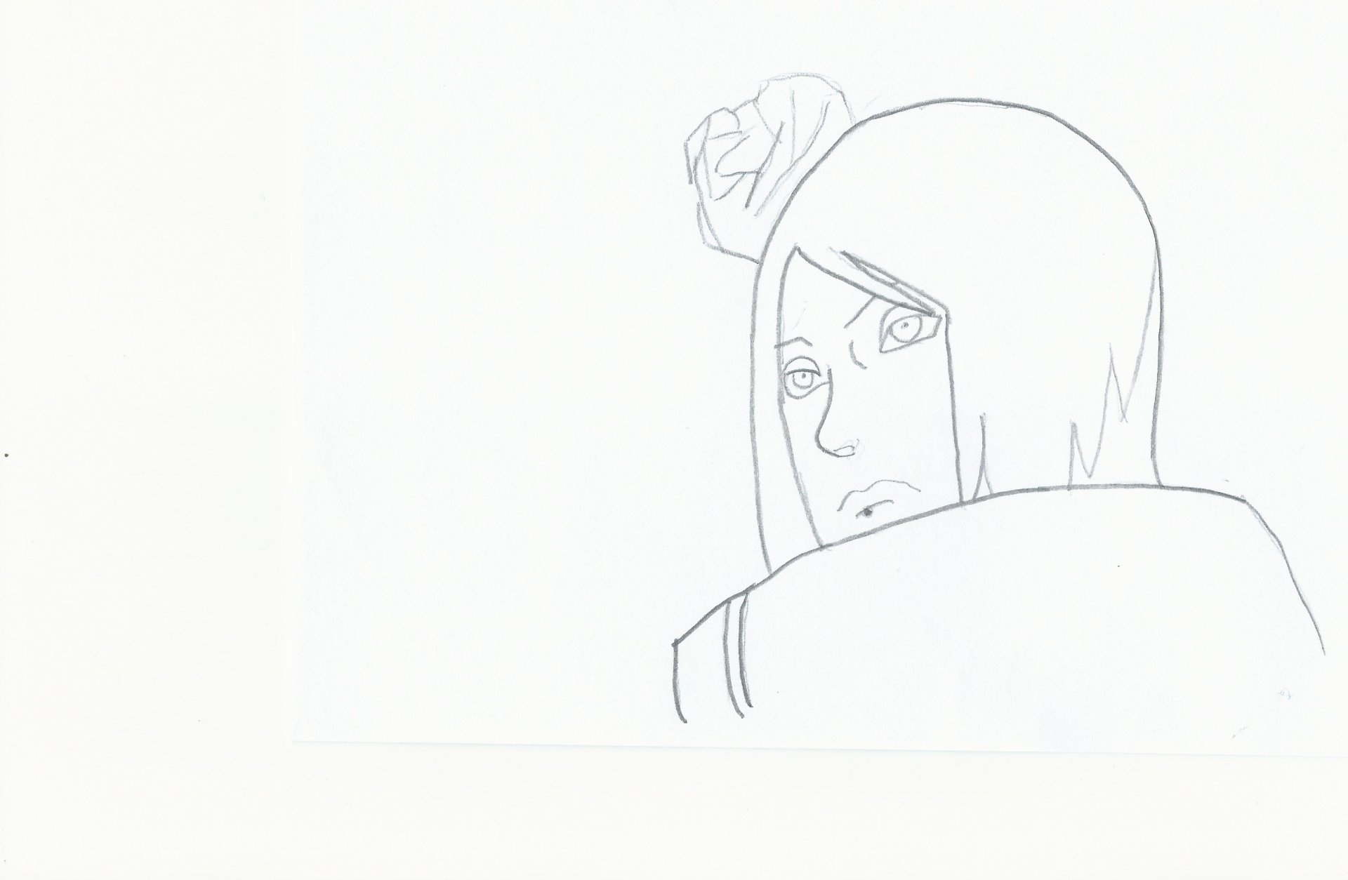 Line art sketch of Konan from the anime Naruto, showing her upper body and distinctive paper flower accessory in her hair.