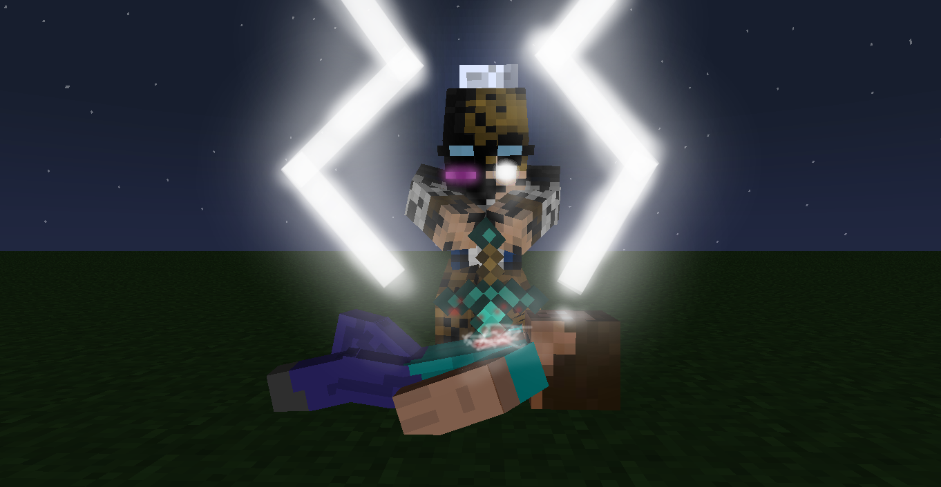 A character in Minecraft stands triumphantly over another, surrounded by glowing effects and lightning strikes in a nighttime setting.
