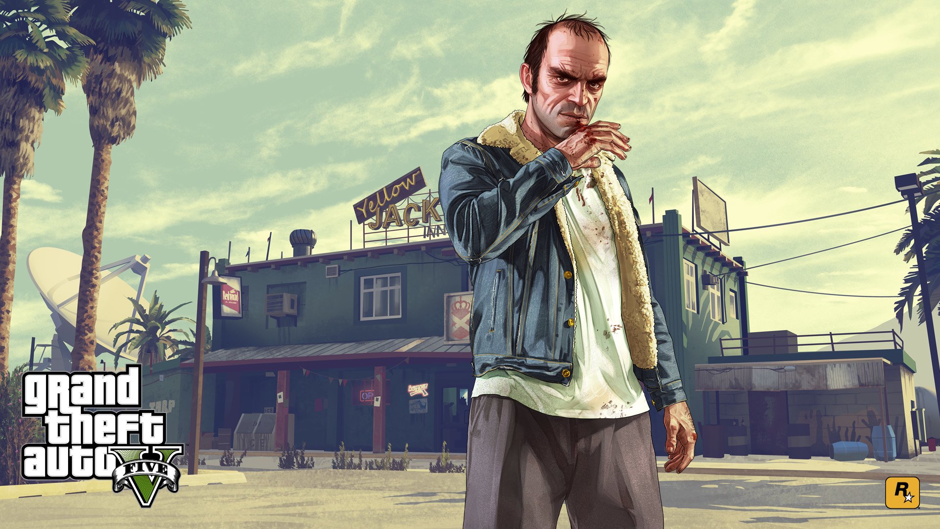 Artwork from the video game Grand Theft Auto V featuring a character standing in front of a building under a partly cloudy sky with palm trees.