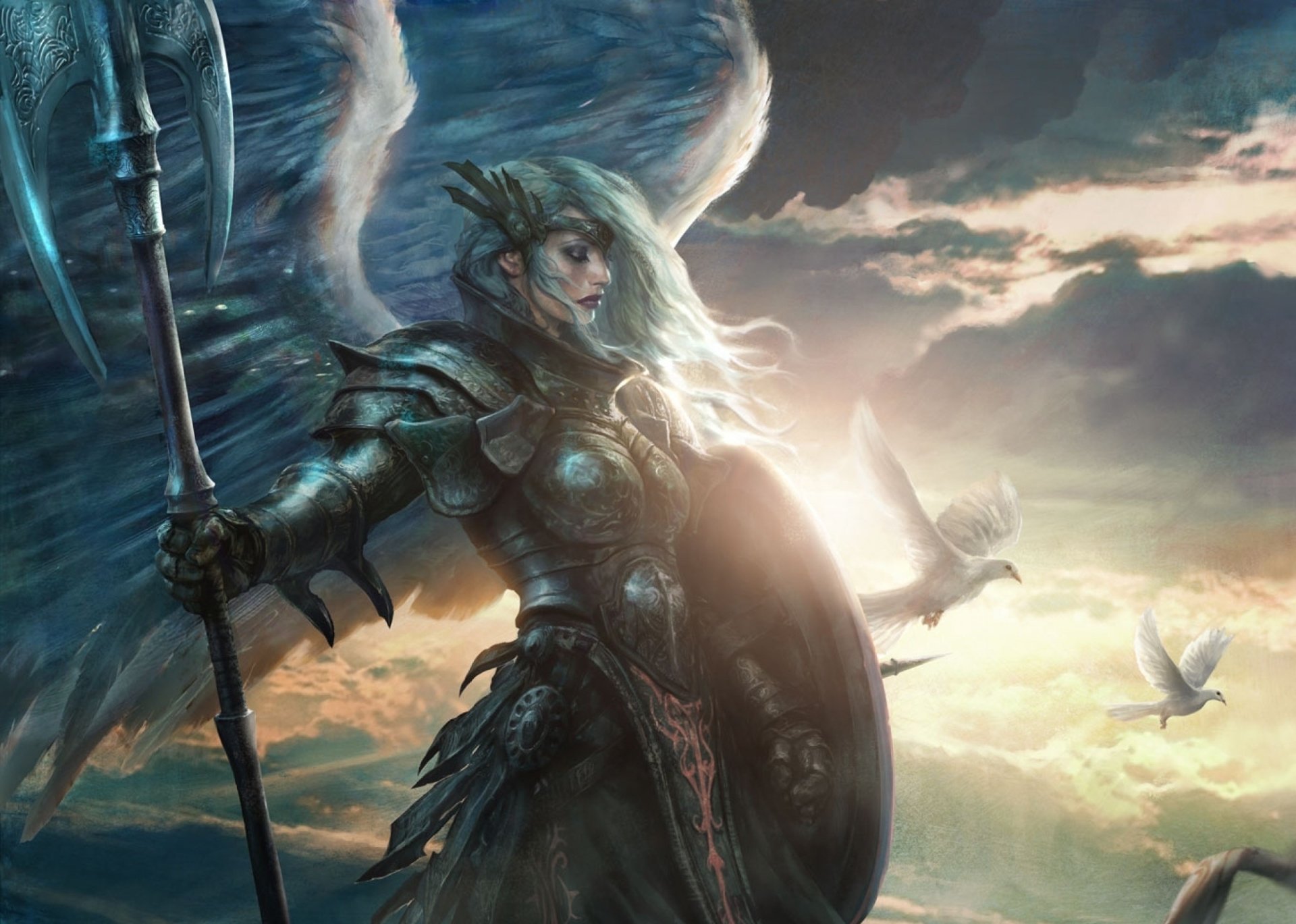 A man-made angel warrior from Magic: The Gathering, clad in armor with a shield and spear, stands against a dramatic sky with glowing wings and flying birds.