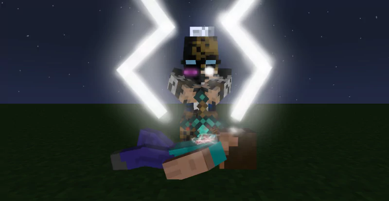 A character in Minecraft stands triumphantly over another, surrounded by glowing effects and lightning strikes in a nighttime setting.