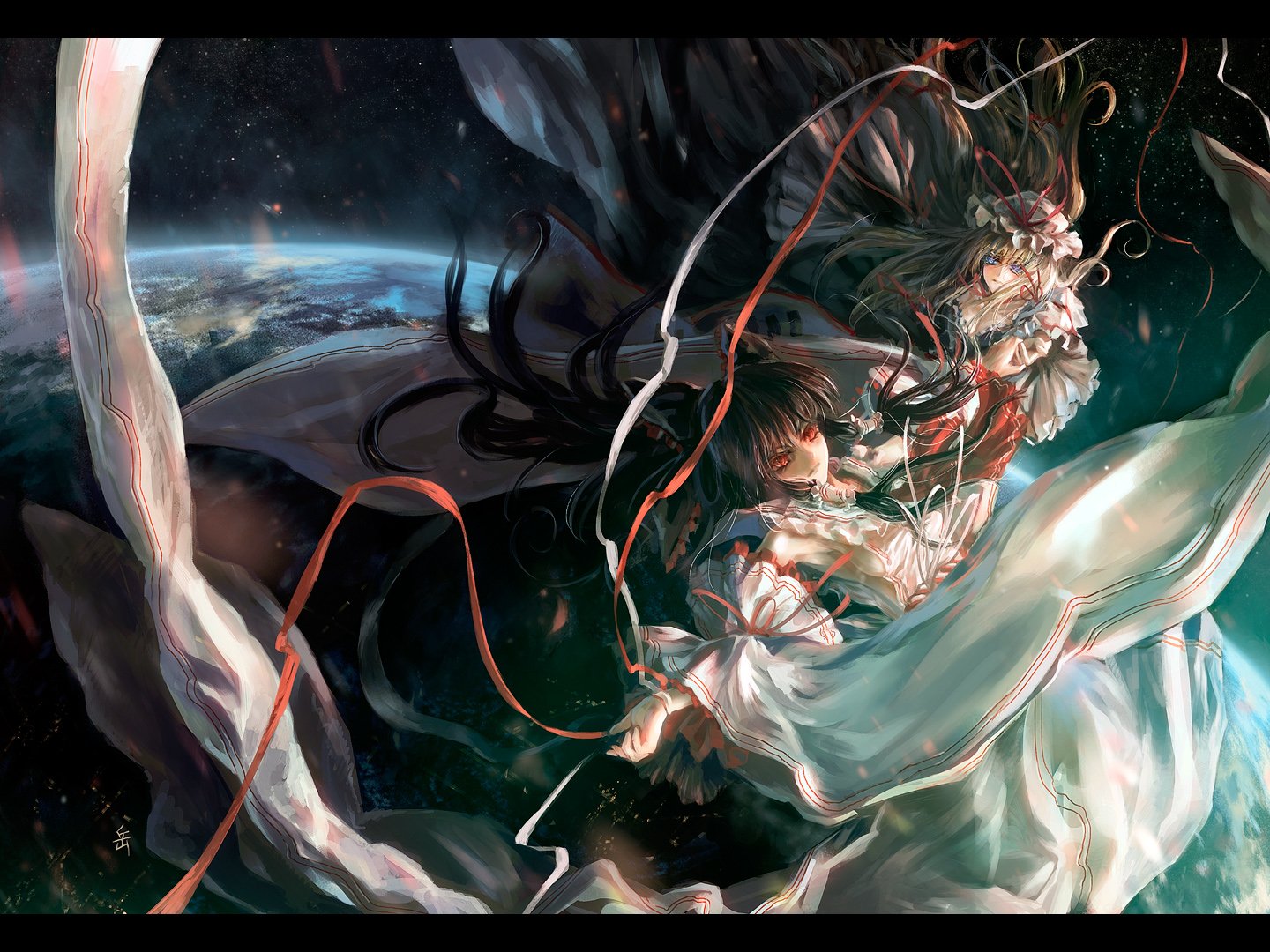 Reimu Hakurei and Yukari Yakumo from Touhou anime art float gracefully in a cosmic, ethereal setting with flowing ribbons and intricate details.