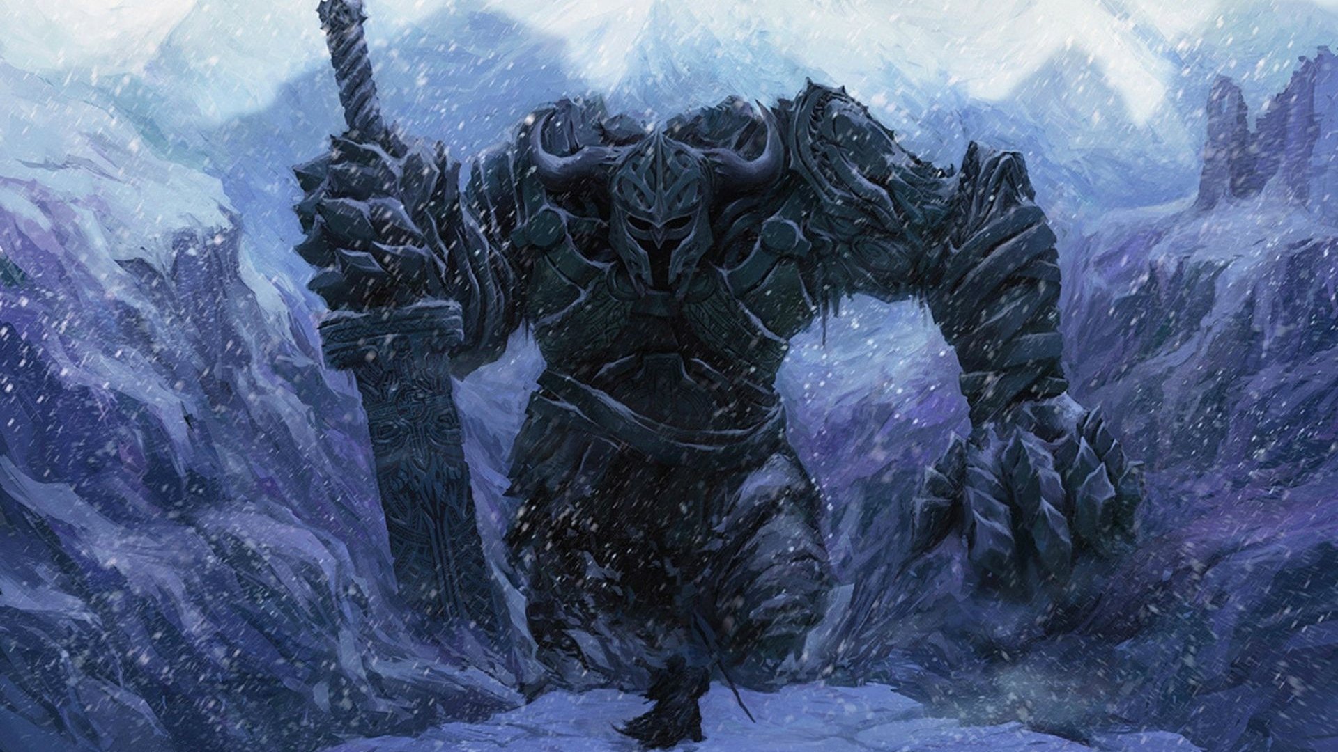 A colossal fantasy golem of jagged dark stone strides through a blizzard in icy mountains, wielding a massive sword.