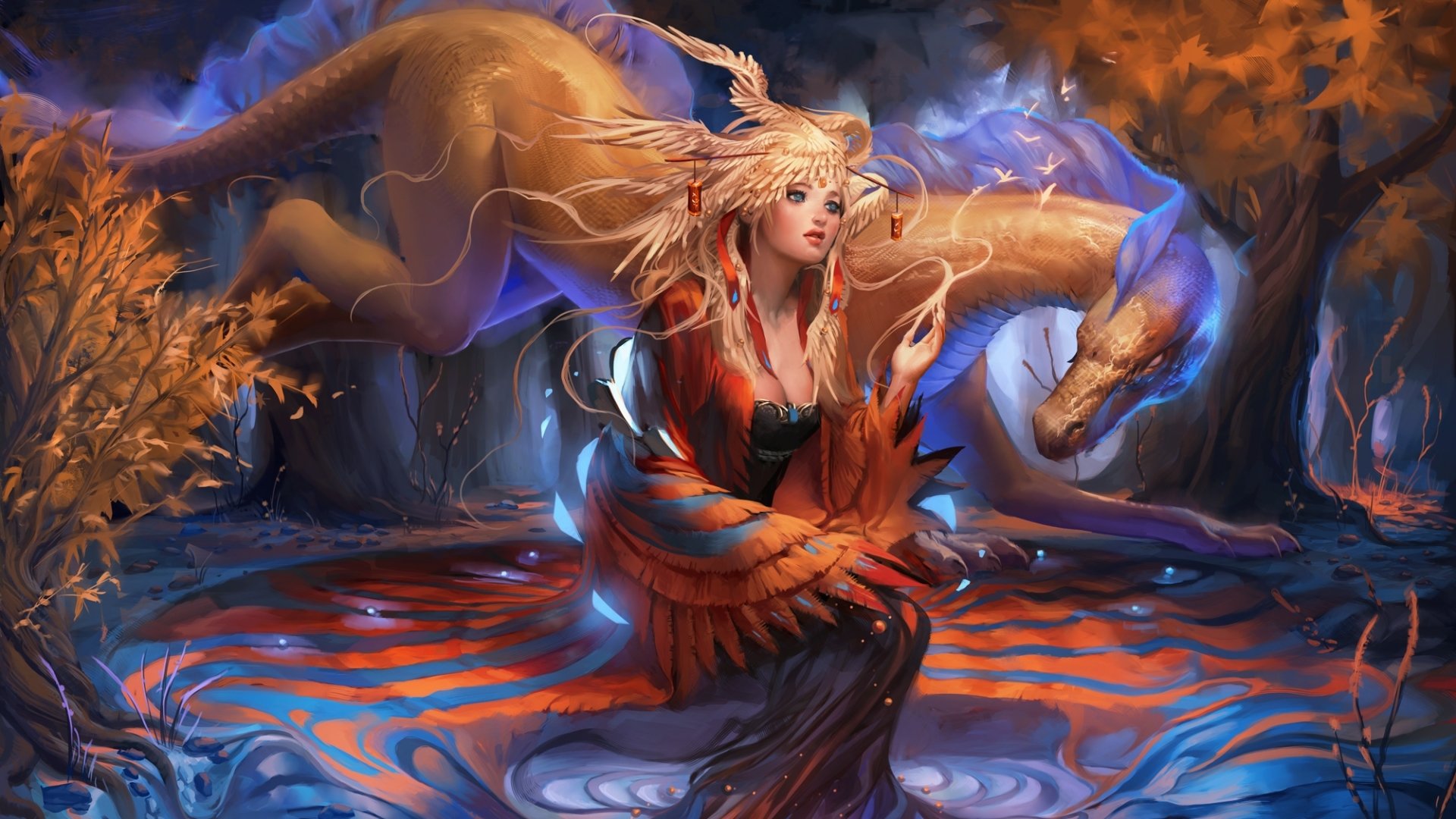 A fantasy scene depicting a woman with flowing hair and a red dress, accompanied by a large, serpentine dragon in a mystical forest setting.
