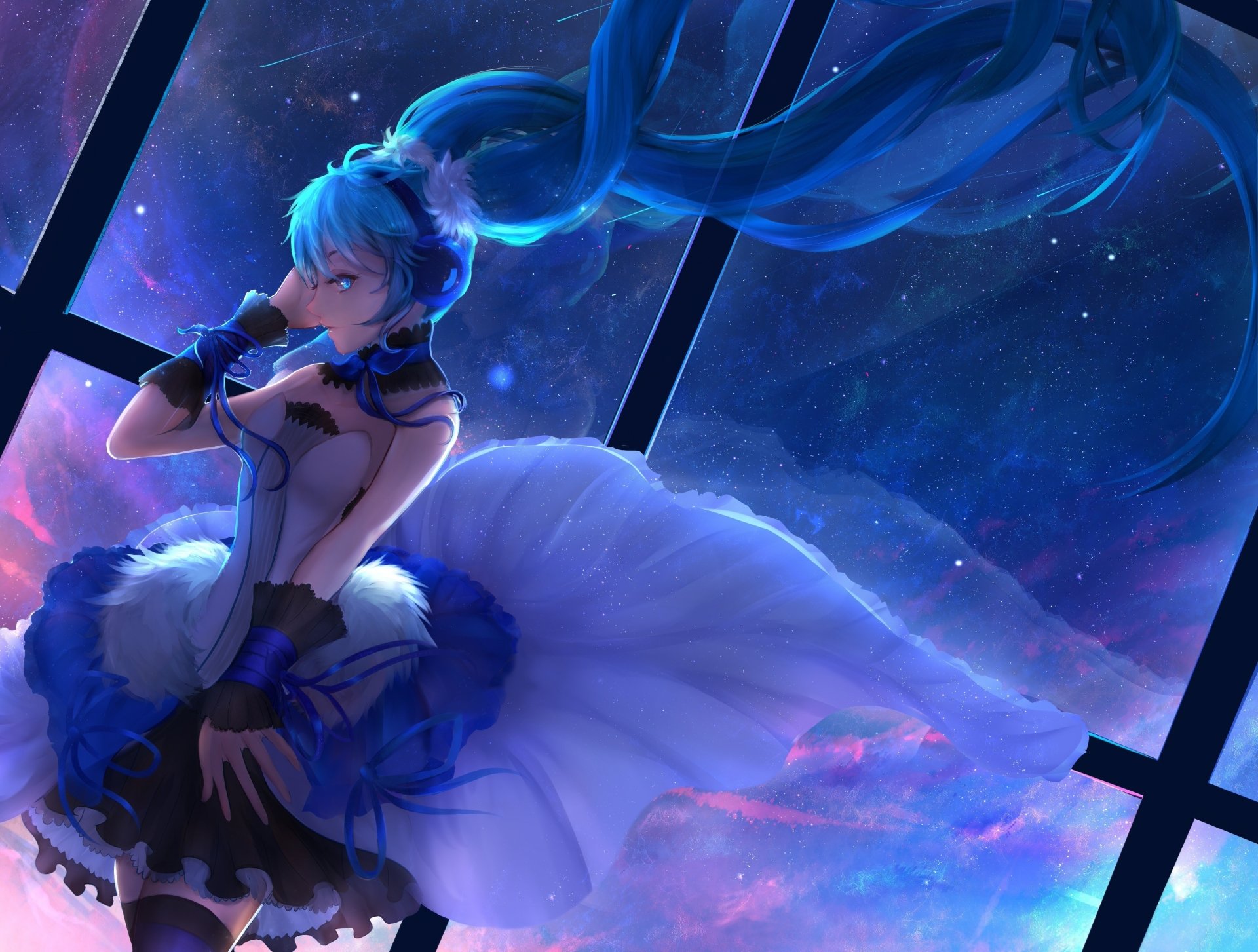 Hatsune Miku stands by a window, gazing into a starry night sky, surrounded by vibrant colors that evoke the essence of anime and Vocaloid aesthetics.