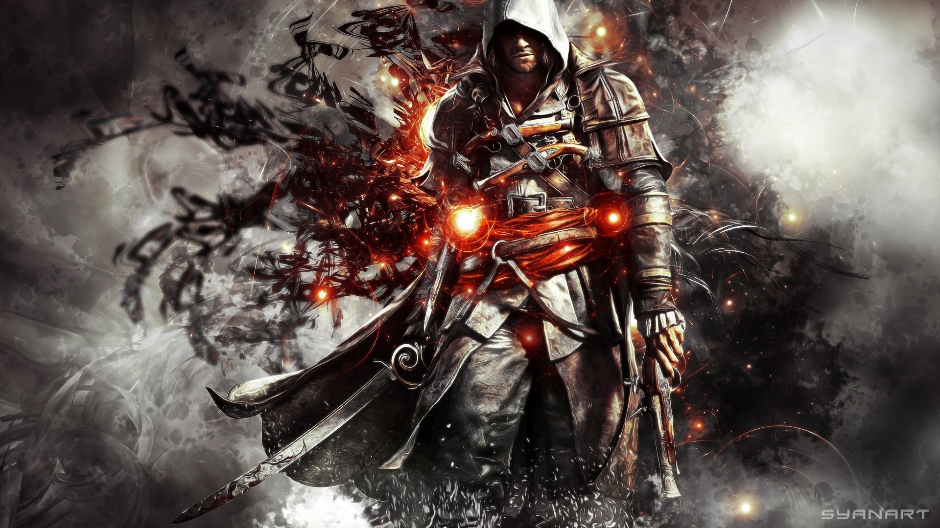 A hooded pirate assassin from the video game Assassin's Creed IV: Black Flag stands ready, surrounded by dark, smoky, and fiery effects.