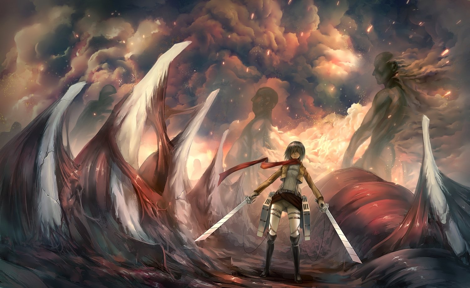 A dynamic scene from the anime Attack on Titan, featuring a determined character wielding dual swords amidst colossal, menacing figures and a dramatic, cloud-filled sky.