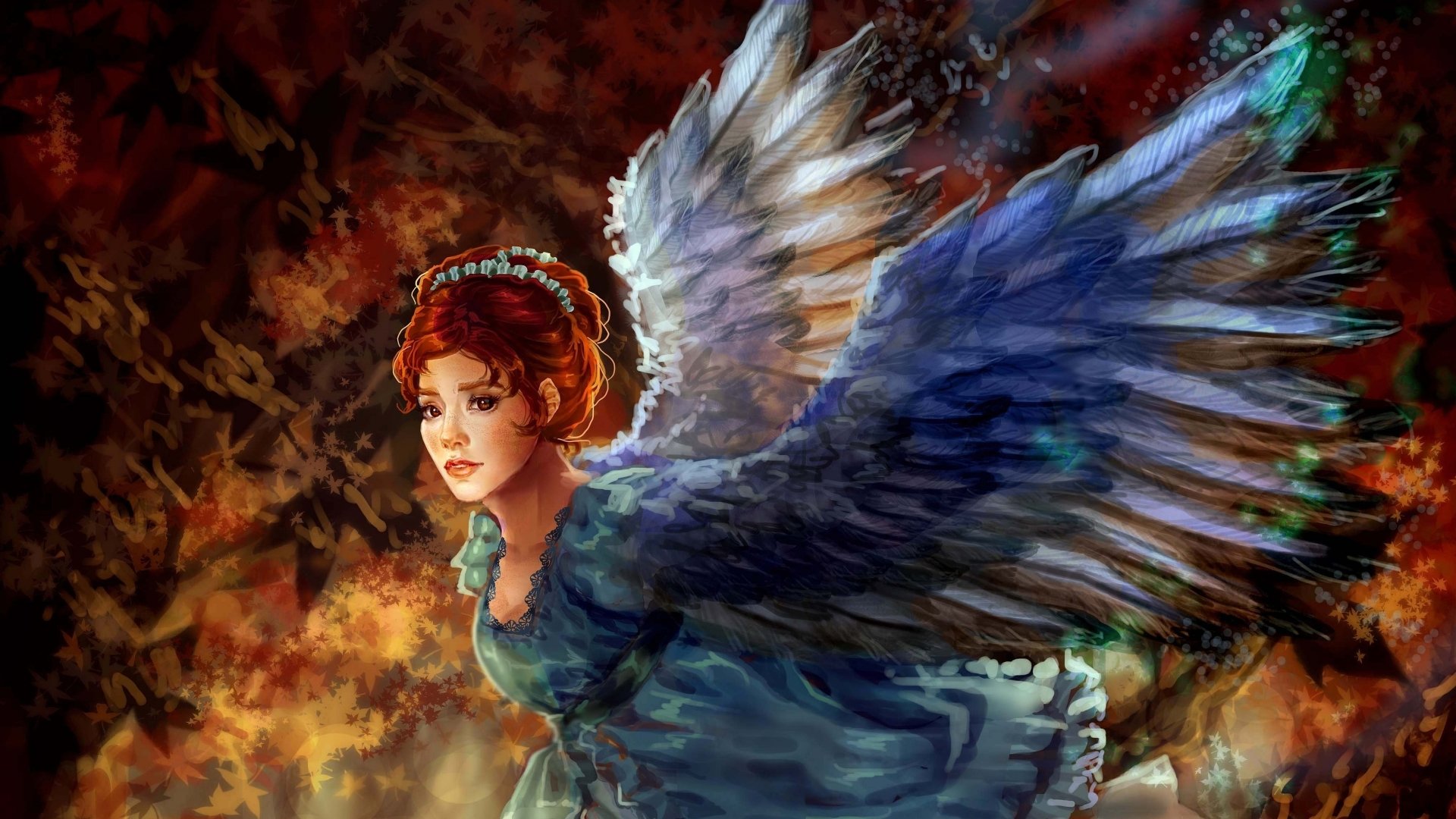 A fantasy angel with large, blue-tinted wings and red hair descends gracefully against a fiery, autumnal forest background.