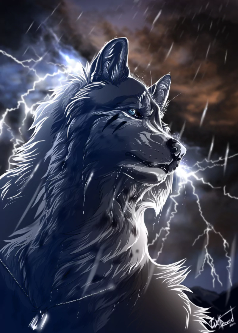 A majestic fantasy wolf stands against a stormy backdrop, illuminated by flashes of lightning that highlight its powerful presence and striking blue eyes.