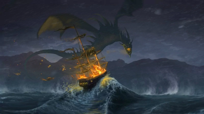 Fantasy dragon coils above a burning sailing ship tossed on towering storm waves, glowing eyes and lightning silhouetting distant jagged mountains.