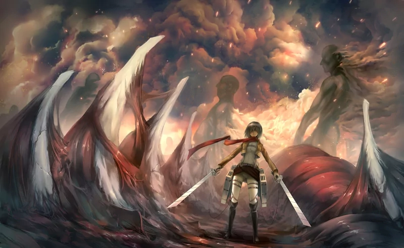 A dynamic scene from the anime Attack on Titan, featuring a determined character wielding dual swords amidst colossal, menacing figures and a dramatic, cloud-filled sky.