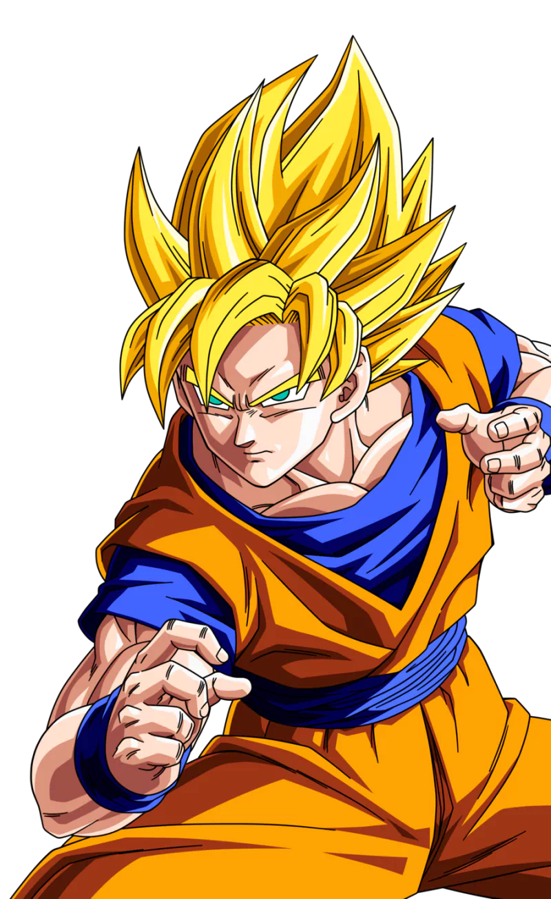Goku, a powerful character from the anime Dragon Ball Z, poses in his iconic orange and blue outfit, showcasing his signature spiky golden hair and determined expression.