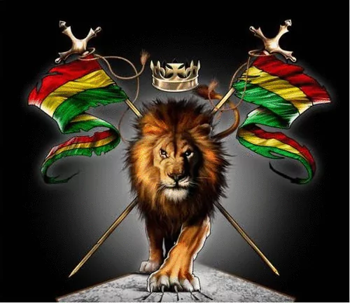 A bold cartoon lion stands confidently, adorned with a crown and flanked by colorful flags representing red, yellow, and green, set against a dark background.