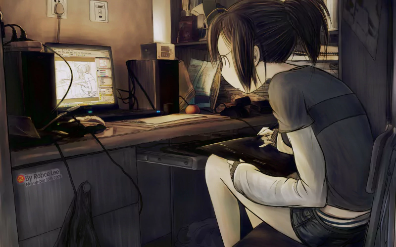A focused anime woman sits at a cluttered desk, drawing on a tablet with a computer illuminated beside her, surrounded by tools of creativity and inspiration.