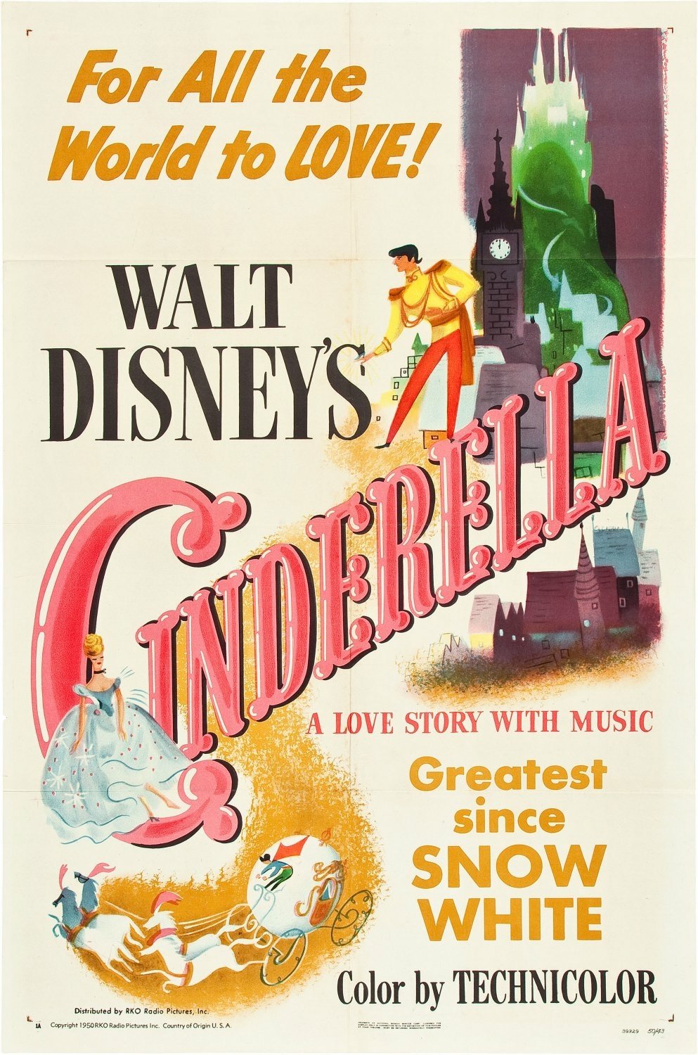 Vintage movie poster for Walt Disney's 1950 animated film Cinderella, featuring the title in large pink letters and illustrations of Cinderella, the prince, and the magical castle.