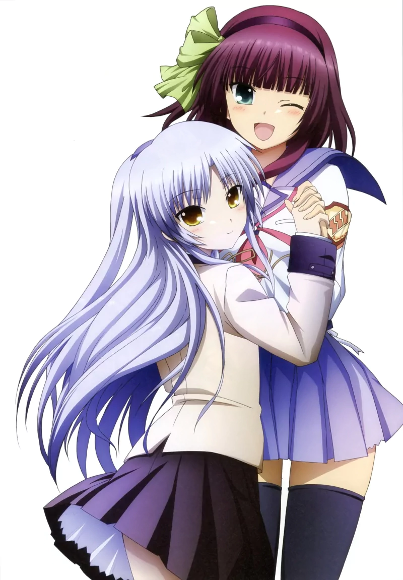 Two female characters from the anime Angel Beats! pose closely together, one with long white hair and the other with short purple hair and a green bow.