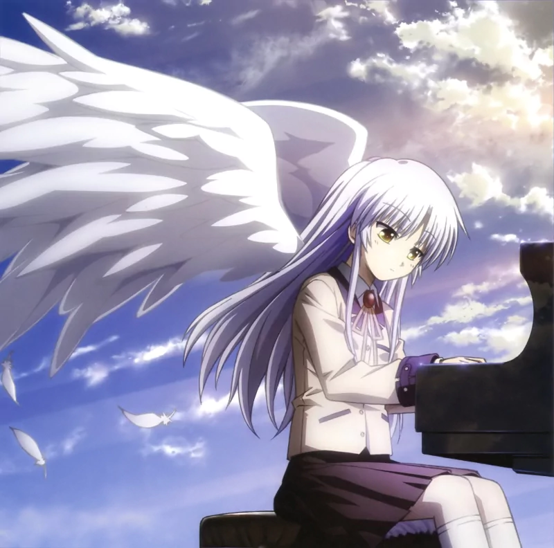Anime-style scene from Angel Beats! showing a girl with long white hair and large angel wings playing the piano under a sky filled with clouds and soft sunlight.