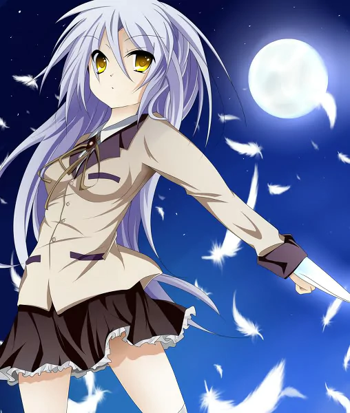 Anime Angel Beats! scene: silver-haired girl with golden eyes in a school uniform, holding a knife beneath a full moon as white feathers drift through the night sky.