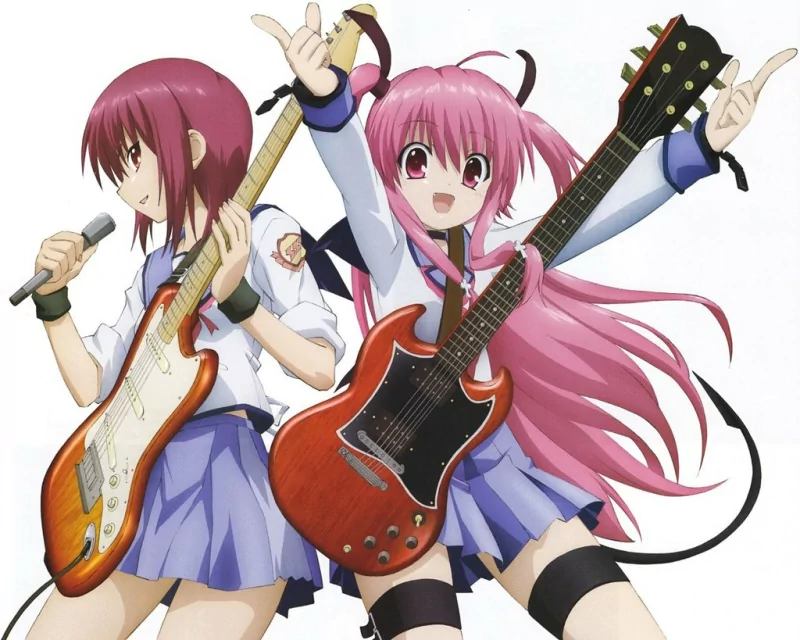 Anime, Angel Beats!: two schoolgirls with electric guitars — a pink-haired girl grinning and posing front, a red-haired teammate singing and playing beside her.