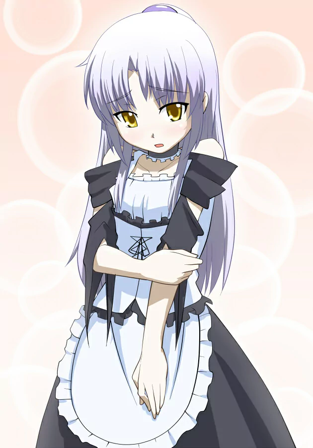 Anime-style portrait of Kanade Tachibana (Angel Beats!) in a black-and-white maid dress, pale lavender hair, golden eyes, arms crossed against a soft pink bokeh background.
