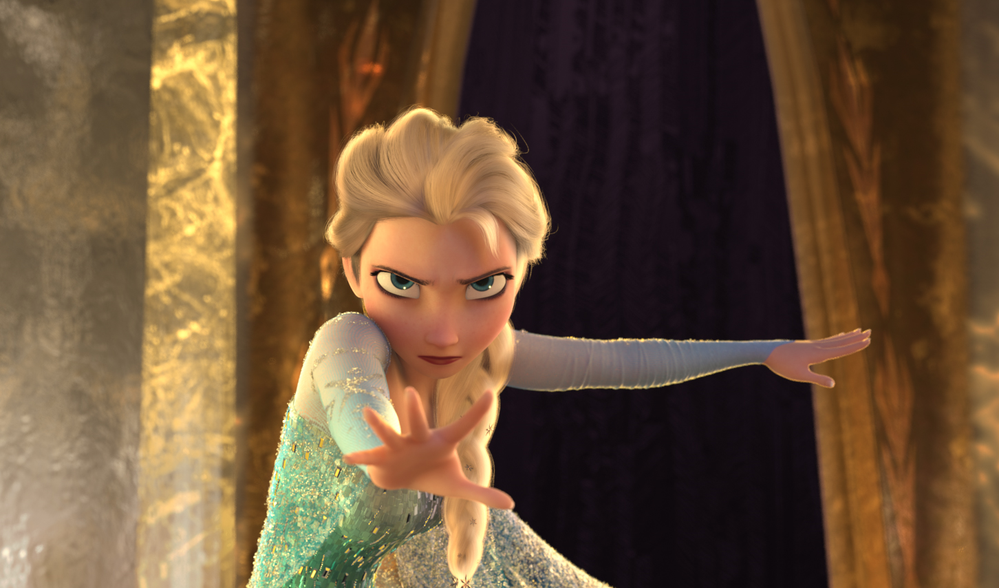 An intense scene from the movie Frozen, featuring Elsa with a determined expression, extending her hand outward as she harnesses her magical powers.